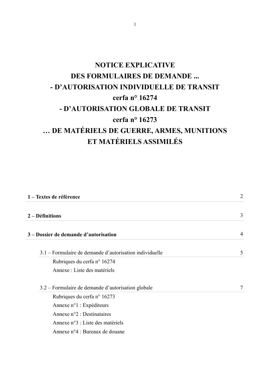 Page 1 du formulaire douane.gouv.fr n° 16274 — Notice des demandes d'autorisation de transit d'armes et de matériels de guerre