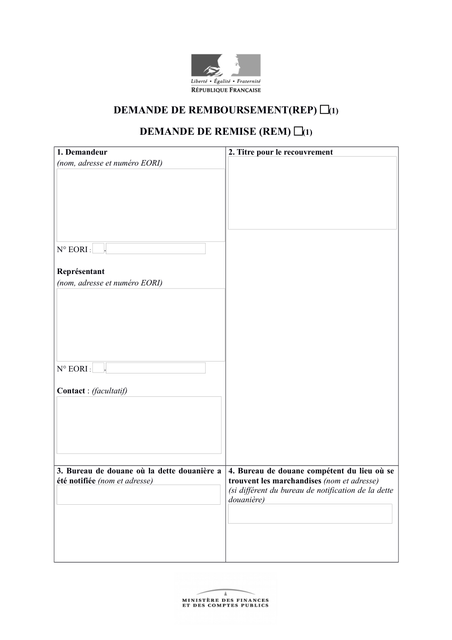 Page 1 du formulaire douane.gouv.fr — Demander le remboursement ou la remise de droits de douane