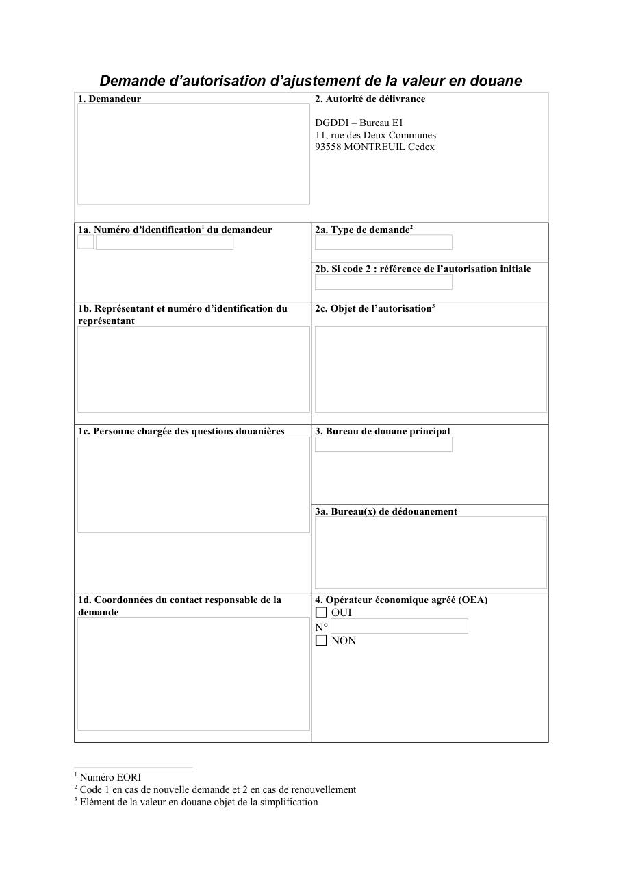 Page 1 du formulaire douane.gouv.fr — Demander une autorisation d'ajustement de la valeur en douane