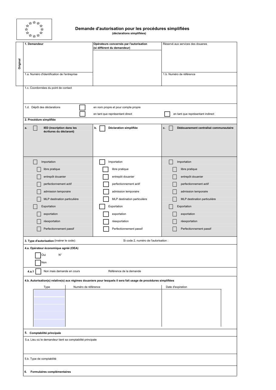 Page 1 du formulaire douane.gouv.fr — Demander une autorisation de procédures douanières simplifiées