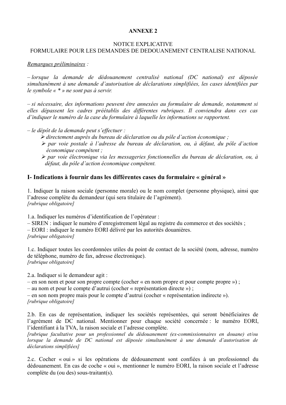 Page 1 du formulaire douane.gouv.fr — Notice pour remplir la demande de dédouanement centralisé national