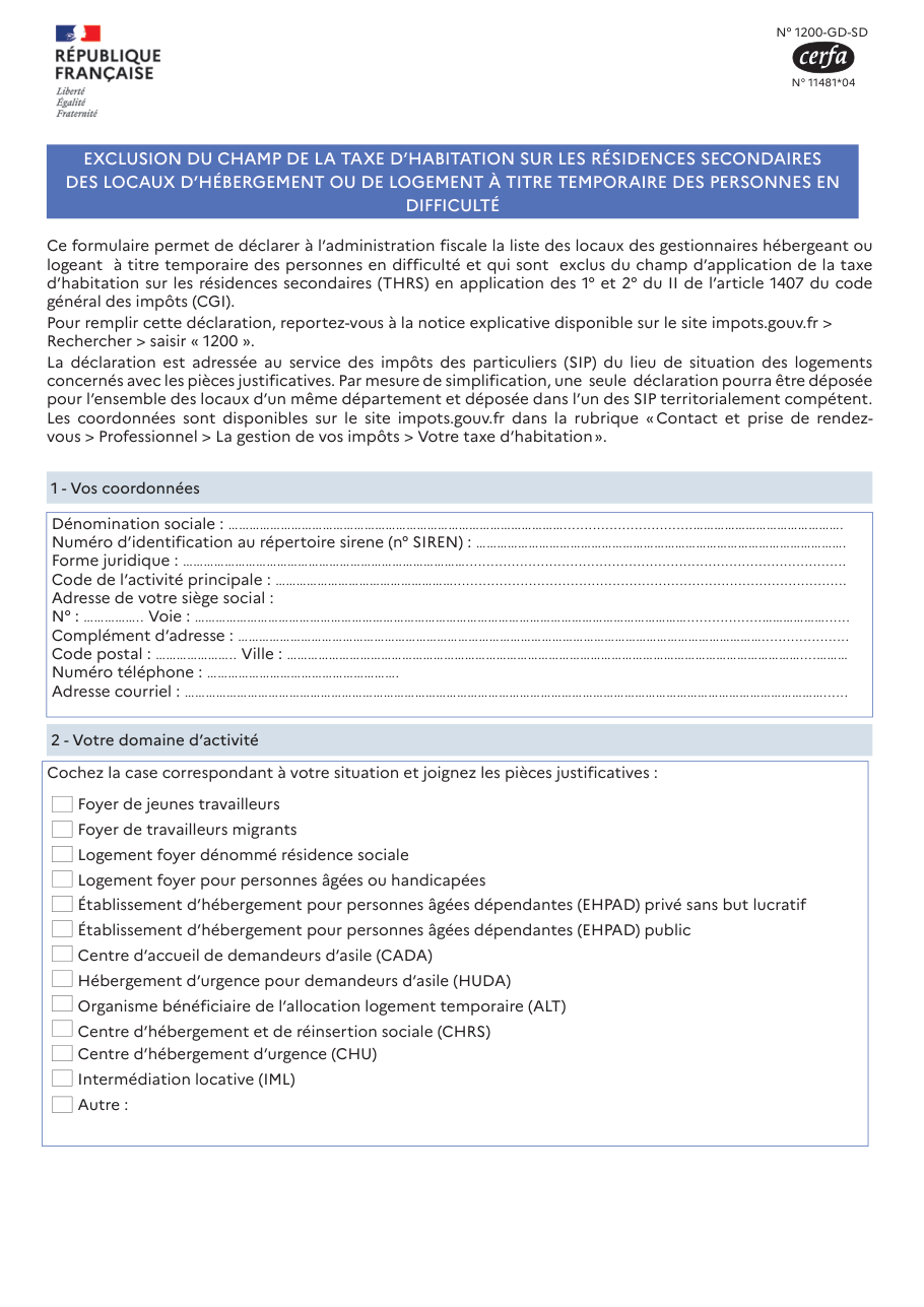 Page 1 du formulaire impots.gouv.fr n° 1200-GD-SD — Déclarer les locaux exclus de la taxe d'habitation sur les résidences secondaires