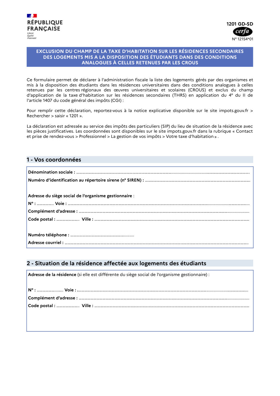 Page 1 du formulaire impots.gouv.fr n° 1201-GD-SD — Déclarer des logements étudiants exclus de la taxe d'habitation sur les résidences secondaires