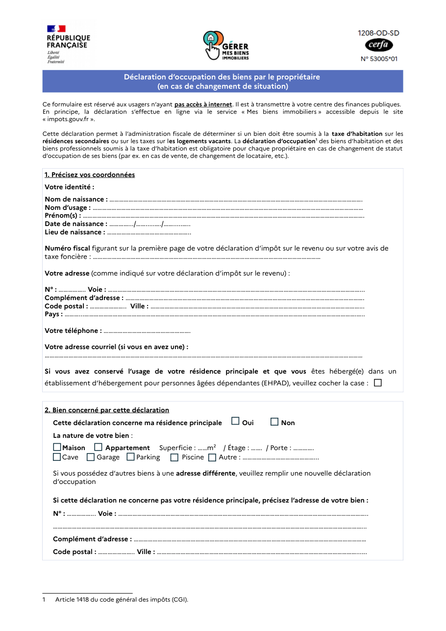Page 1 du formulaire impots.gouv.fr n° 1208-OD-SD — Déclarer un changement d’occupation d’un bien immobilier