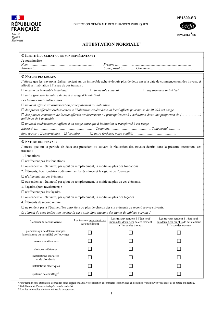 Page 1 du formulaire impots.gouv.fr n° 1300-SD — Attester les conditions du taux réduit de TVA sur des travaux (attestation normale)