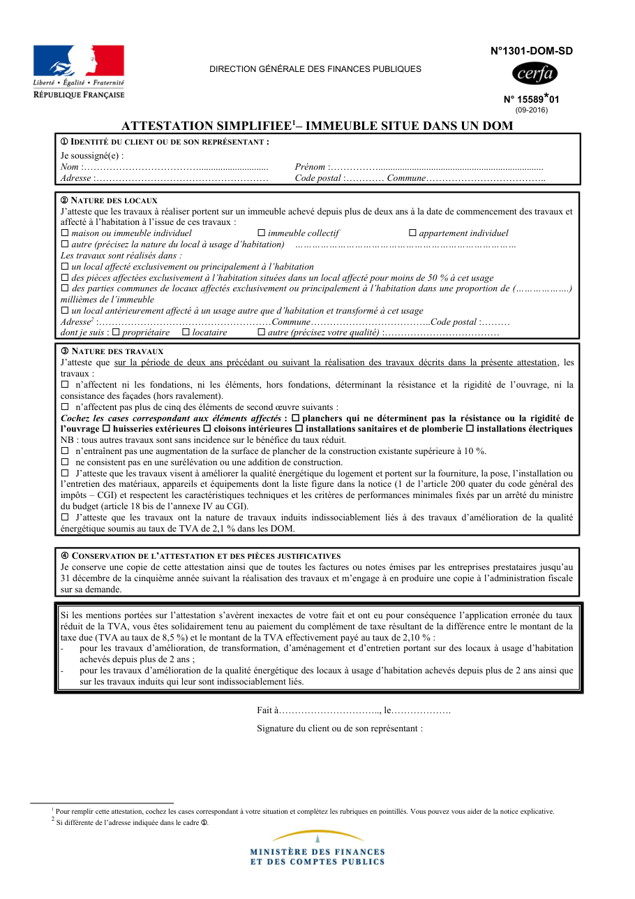Page 1 du formulaire impots.gouv.fr n° 1301-DOM-SD — Attestation simplifiée de TVA à taux réduit pour des travaux dans un DOM