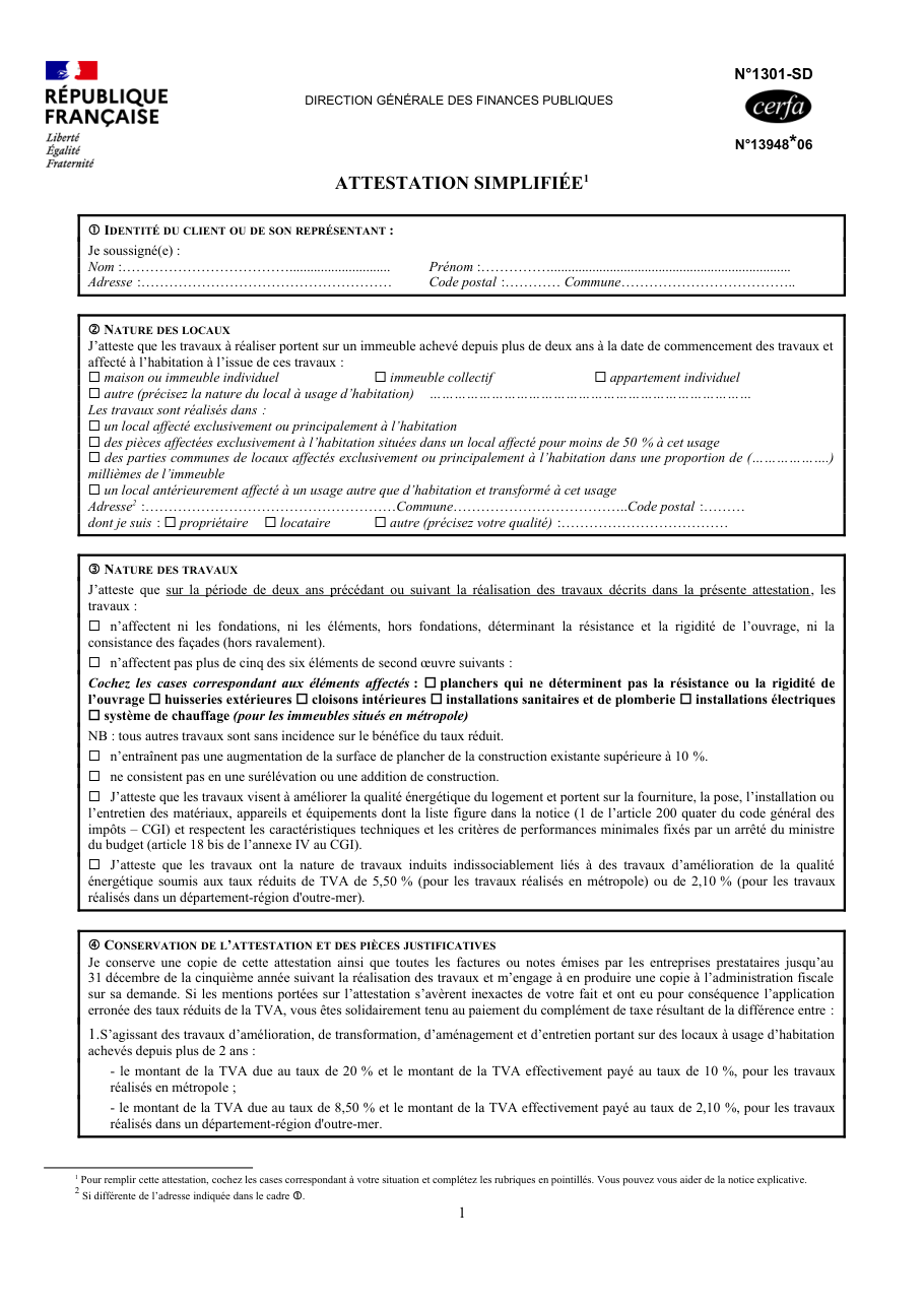 Page 1 du formulaire impots.gouv.fr n° 1301-SD — Attestation simplifiée pour la TVA à taux réduit sur des travaux