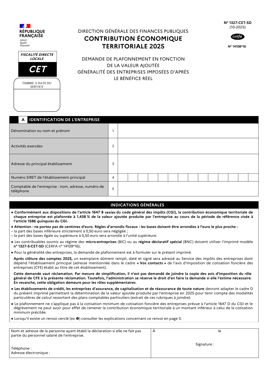 Page 1 du formulaire impots.gouv.fr n° 1327-CET-SD — Demander le plafonnement de la contribution économique territoriale