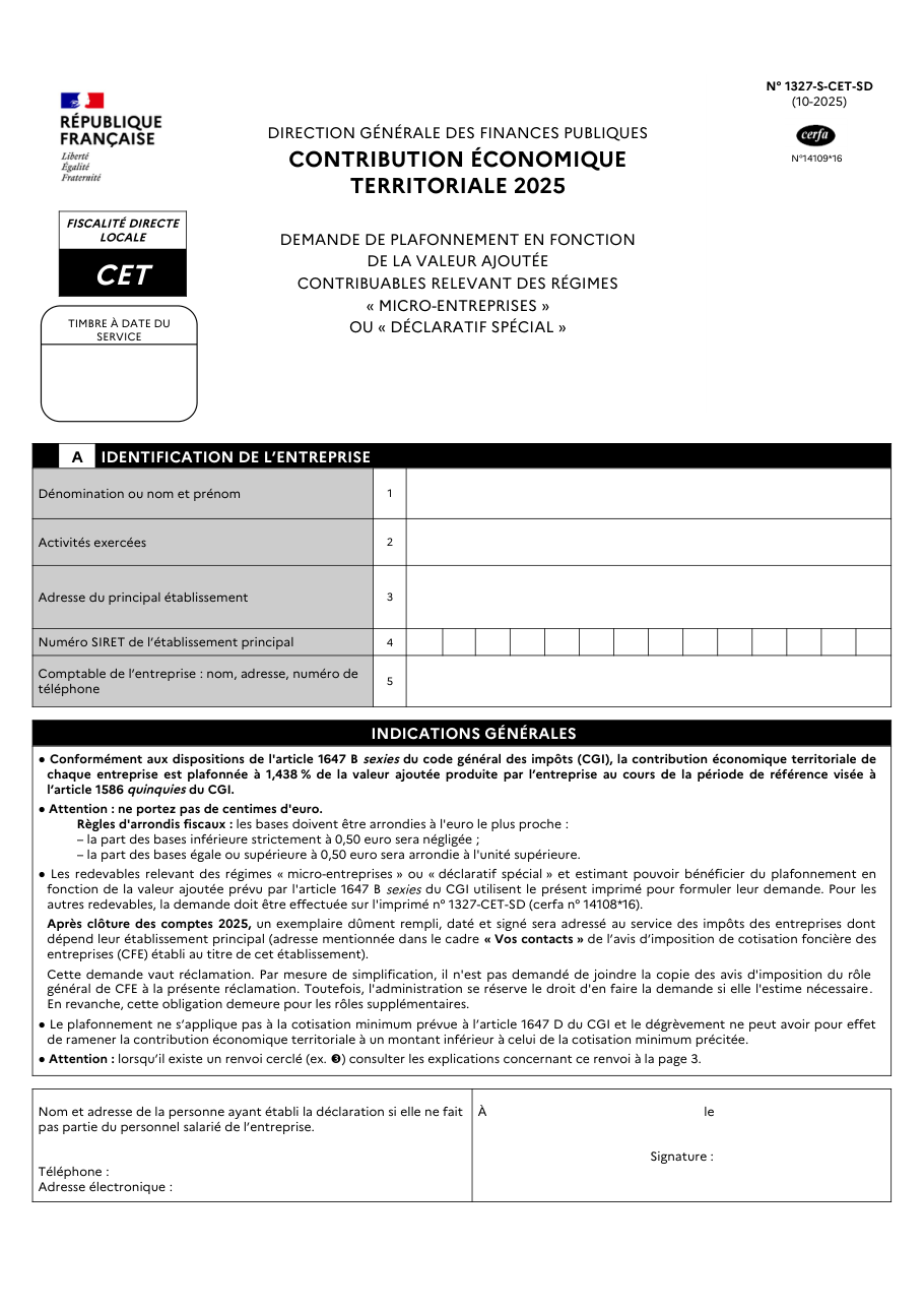 Page 1 du formulaire impots.gouv.fr n° 1327-S-CET-SD — Demander le plafonnement de la CET en fonction de la valeur ajoutée