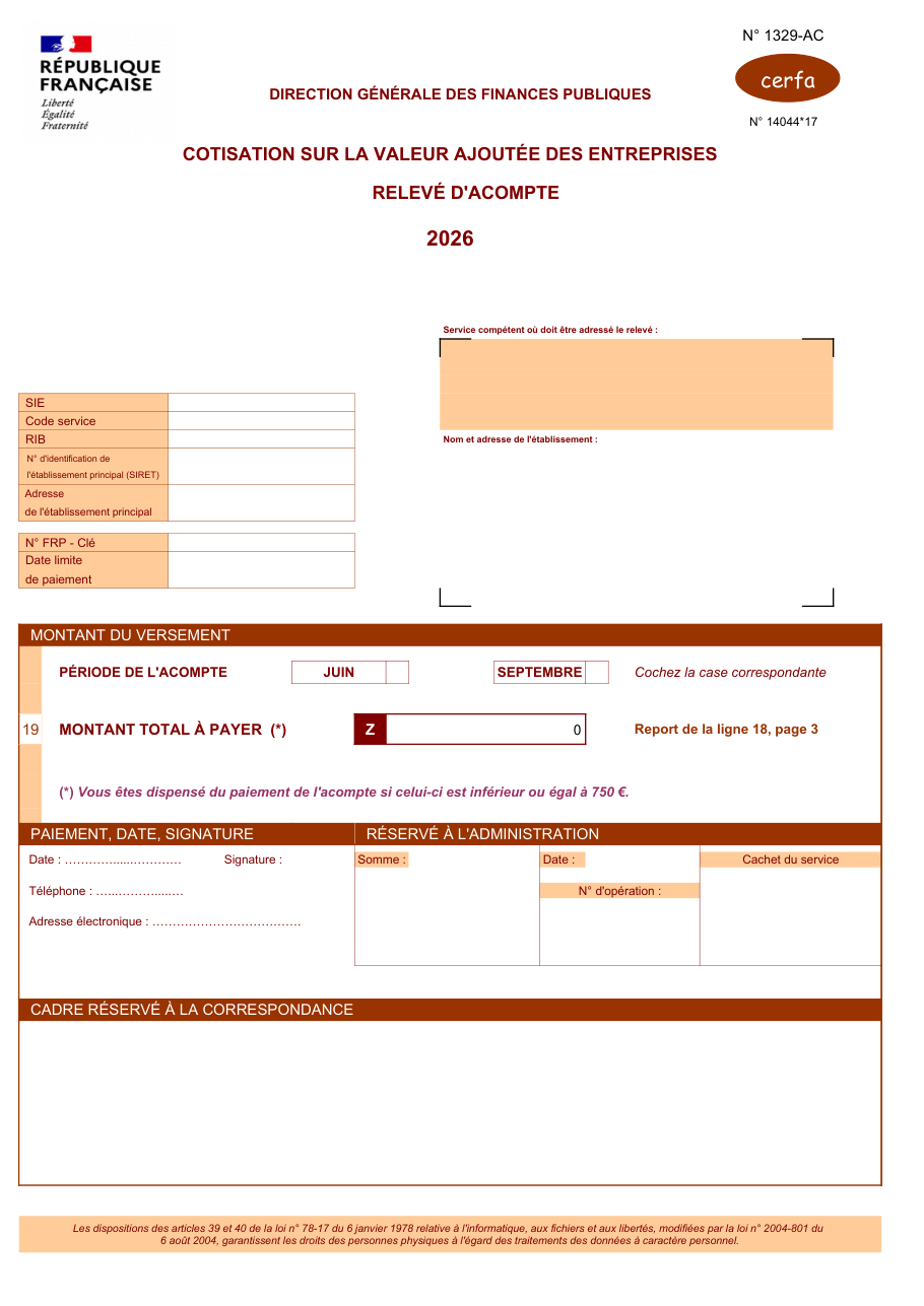 Page 1 du formulaire impots.gouv.fr n° 1329-AC-SD — Verser un acompte de cotisation sur la valeur ajoutée des entreprises