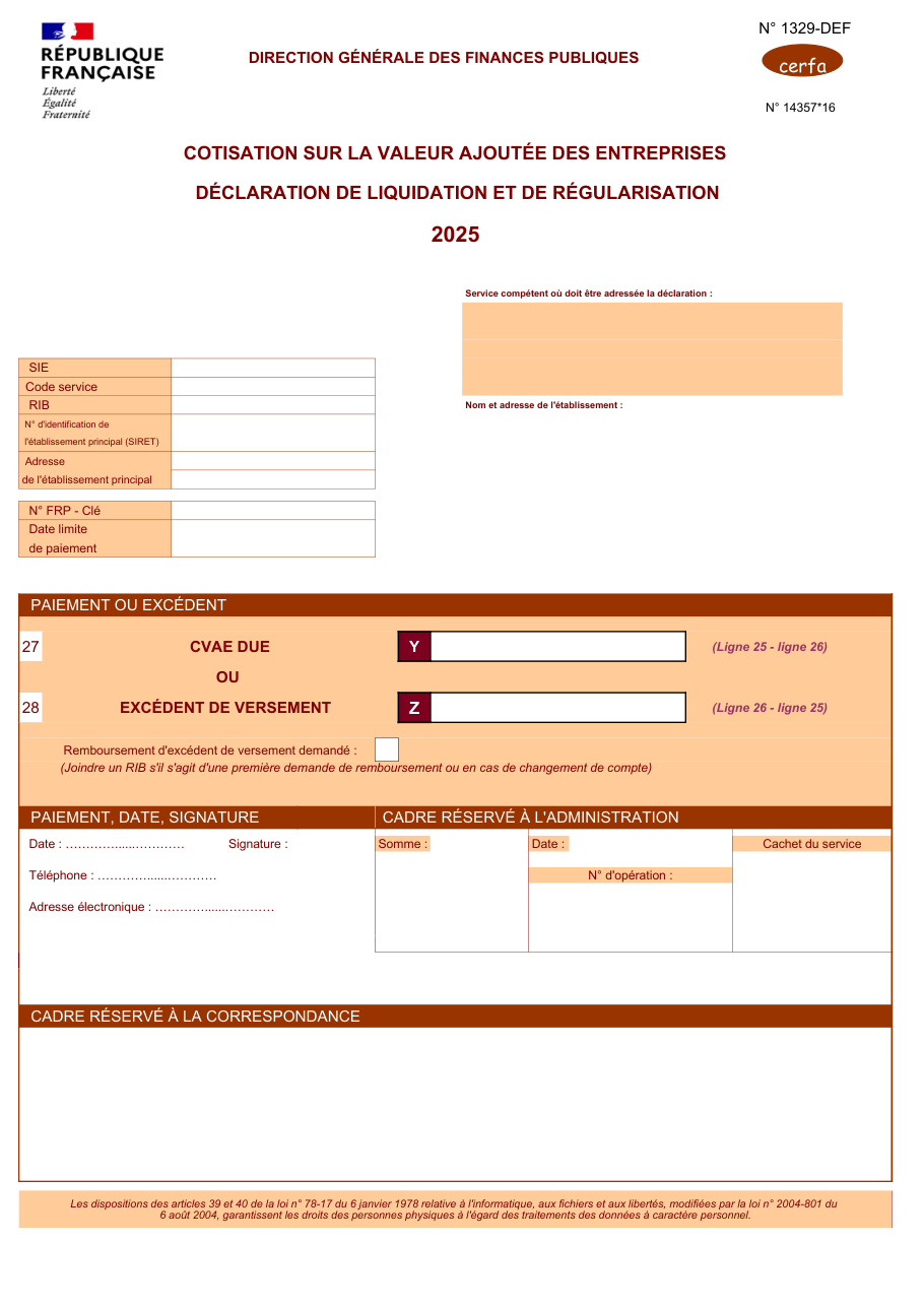 Page 1 du formulaire impots.gouv.fr n° 1329-DEF — Déclarer la liquidation et la régularisation de la CVAE