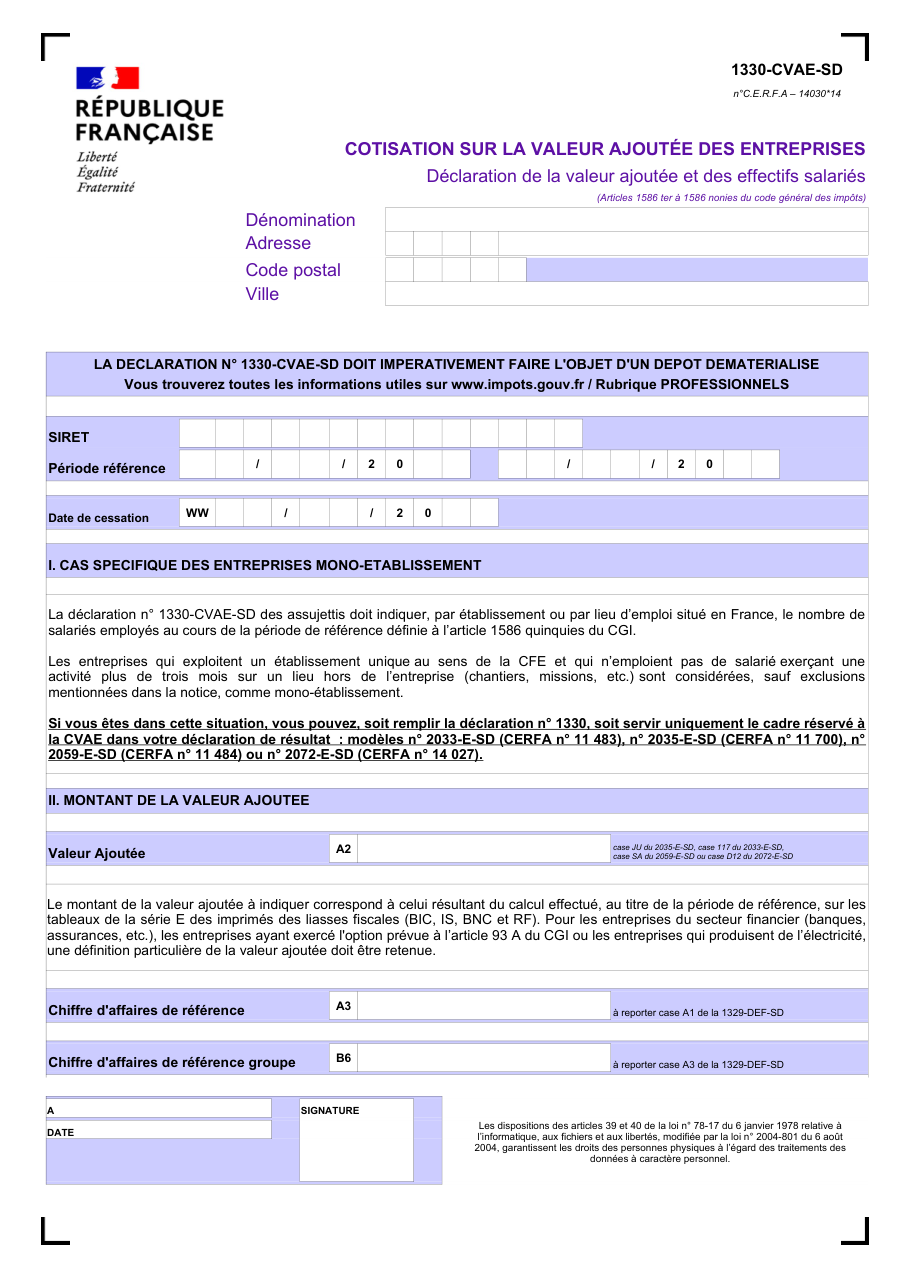 Page 1 du formulaire impots.gouv.fr n° 1330-CVAE-SD — Déclarer la valeur ajoutée et les effectifs salariés de votre entreprise
