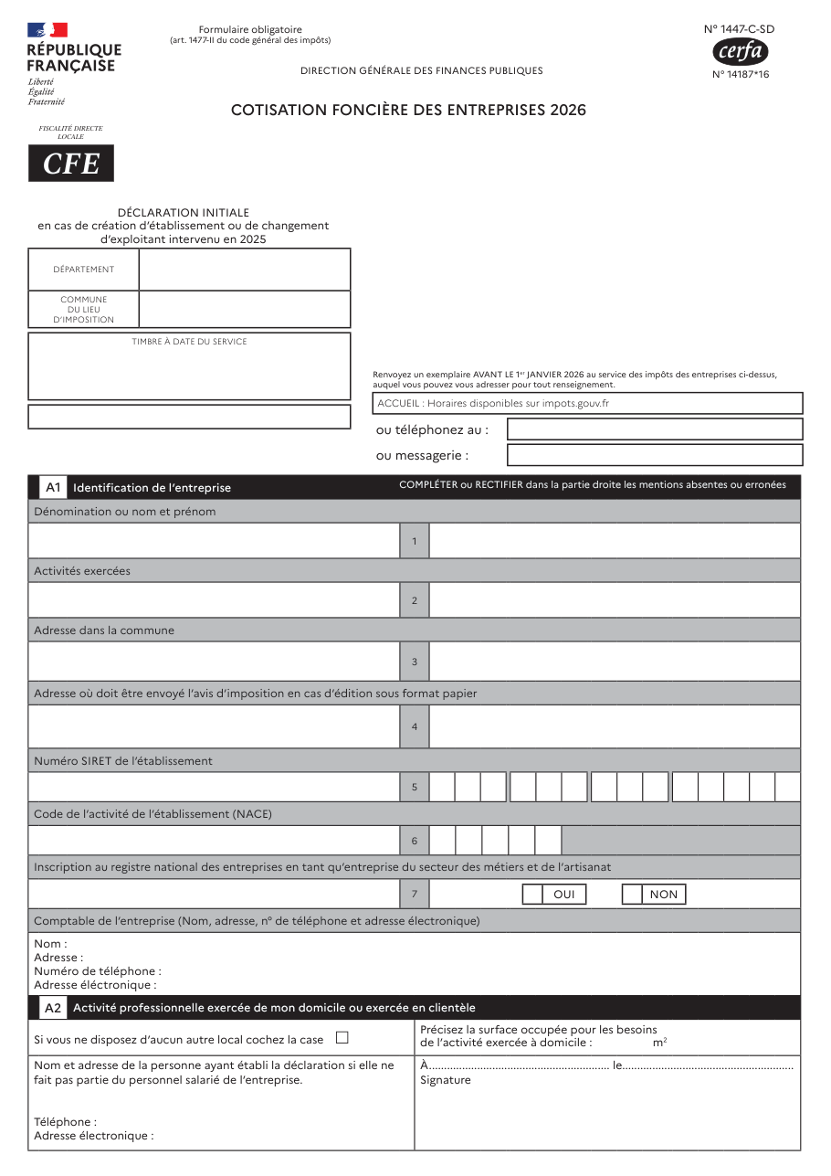 Page 1 du formulaire impots.gouv.fr n° 1447-C-SD — Déclaration initiale de cotisation foncière des entreprises