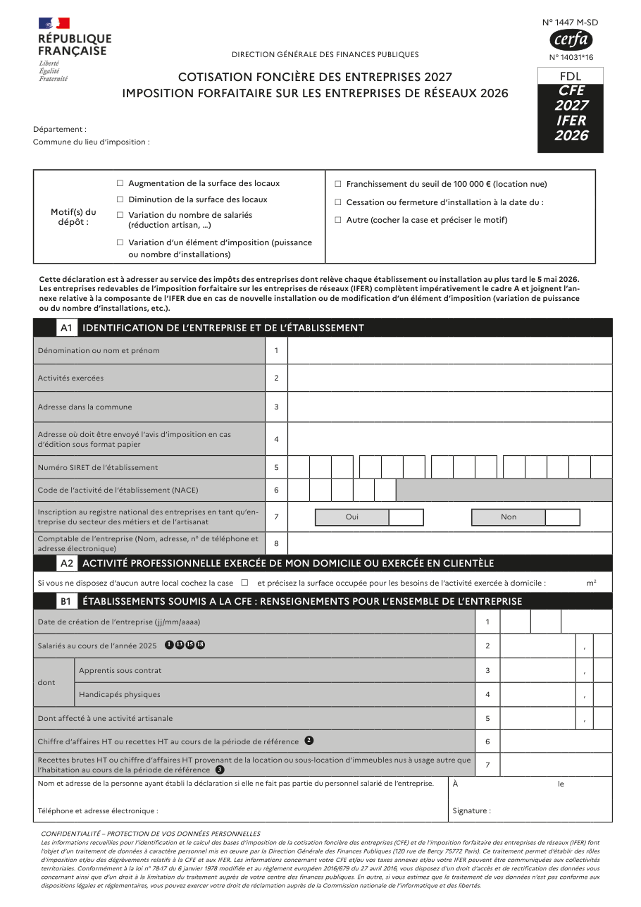 Page 1 du formulaire impots.gouv.fr n° 1447-M-SD — Déclarer une modification pour la cotisation foncière des entreprises