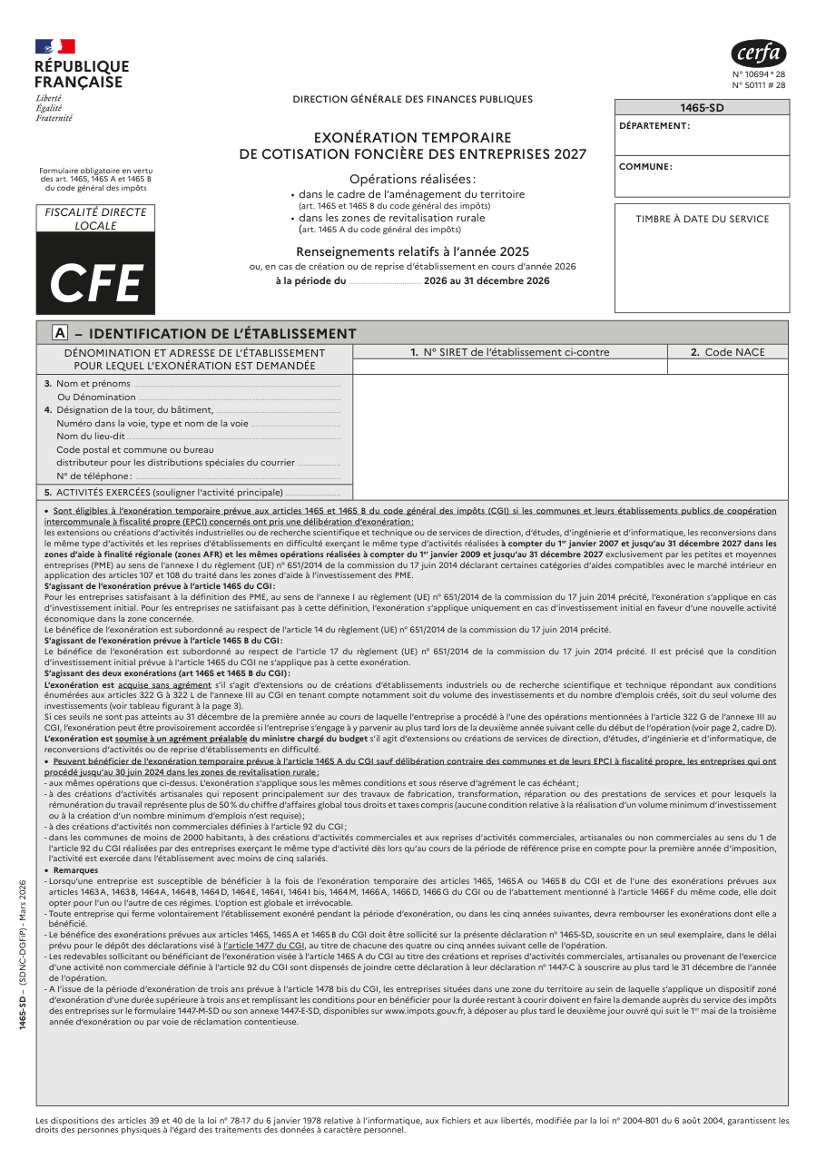 Page 1 du formulaire impots.gouv.fr n° 1465-SD — Demander l'exonération temporaire de cotisation foncière des entreprises