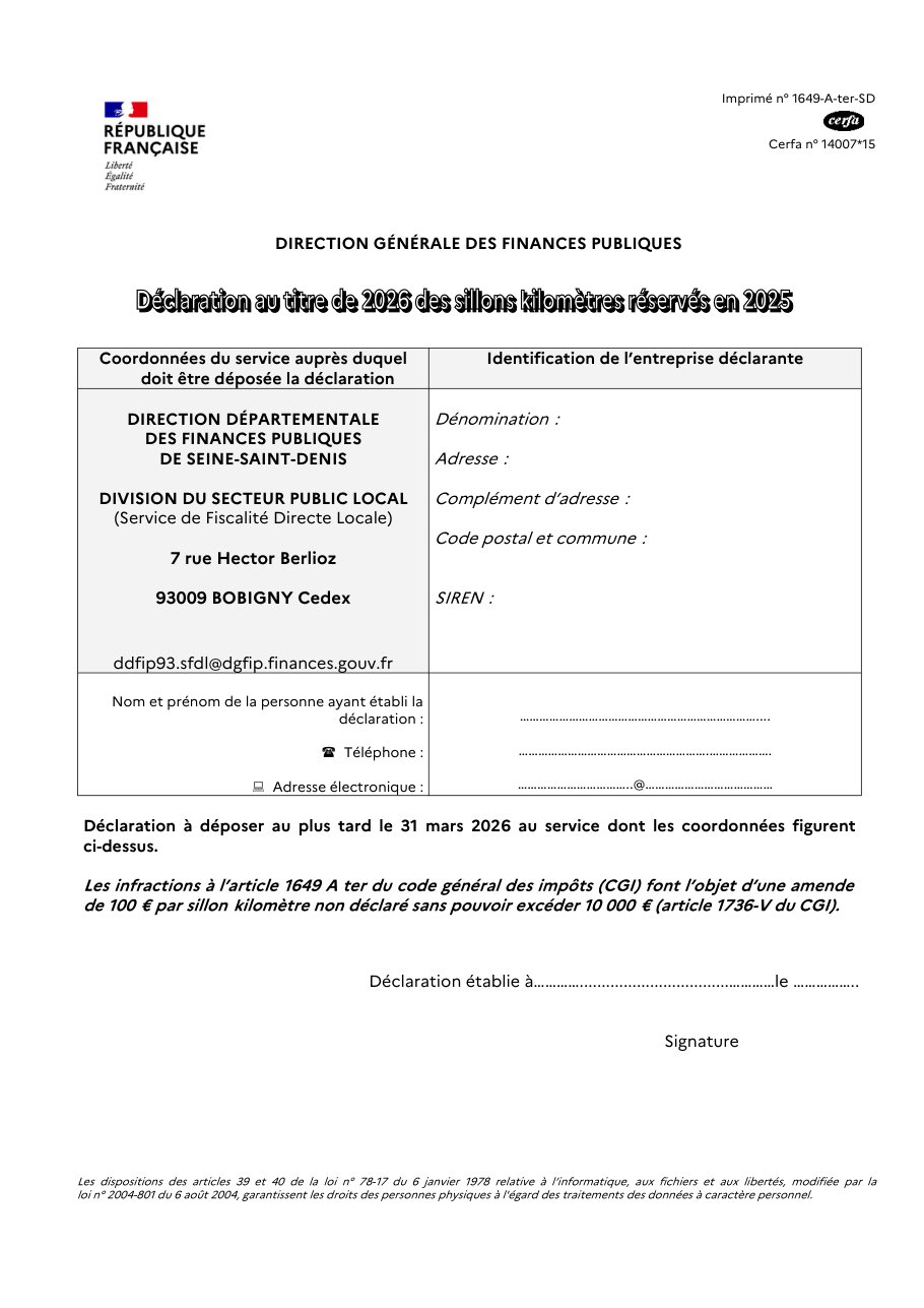 Page 1 du formulaire impots.gouv.fr n° 1649-A-TER-SD — Déclarer les sillons kilomètres réservés pour le transport de voyageurs