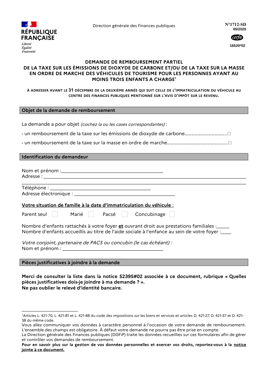 Page 1 du formulaire impots.gouv.fr n° 1712-SD — Demander le remboursement partiel de taxes pour un véhicule de tourisme