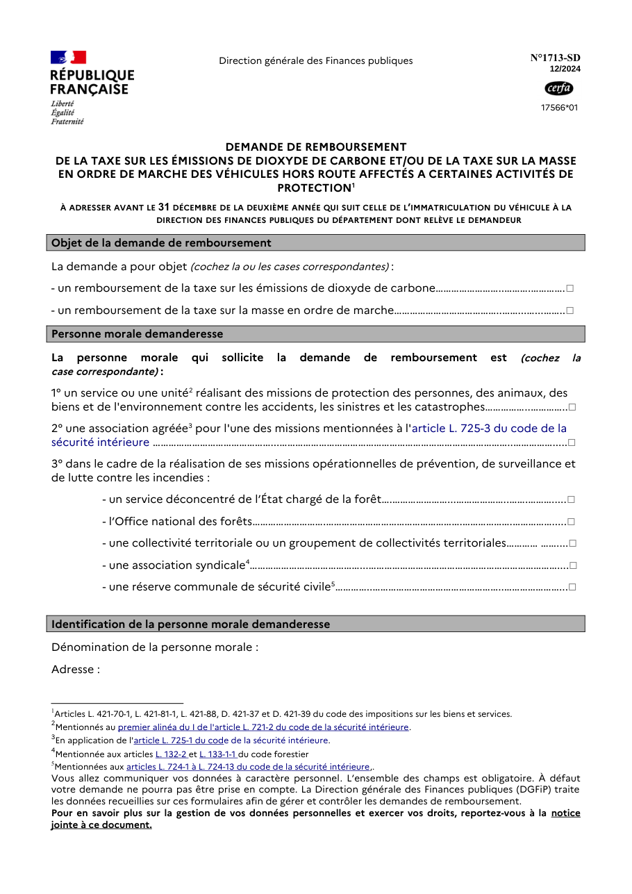 Page 1 du formulaire impots.gouv.fr n° 1713-SD — Se faire rembourser les taxes sur un véhicule hors route de protection