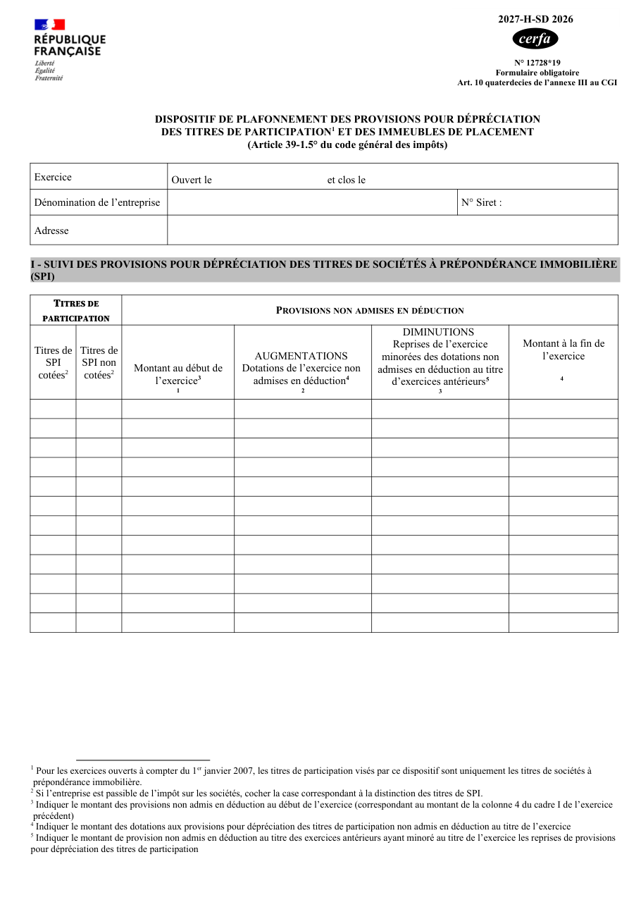 Page 1 du formulaire impots.gouv.fr n° 2027-H-SD — Suivre les provisions pour dépréciation des titres et des immeubles de placement