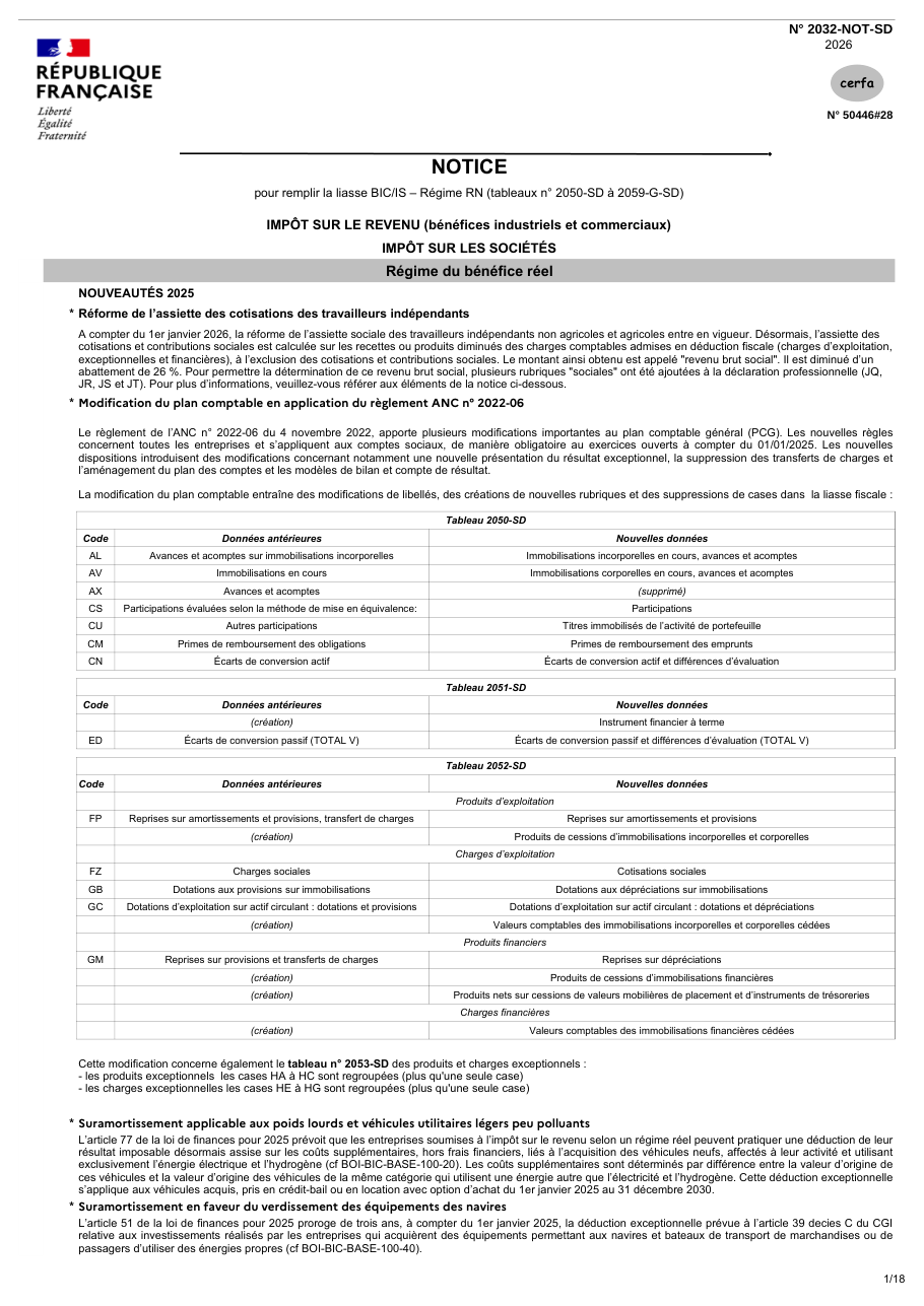 Page 1 du formulaire impots.gouv.fr n° 2032-NOT-SD — Notice pour remplir la liasse fiscale BIC et IS au régime du bénéfice réel