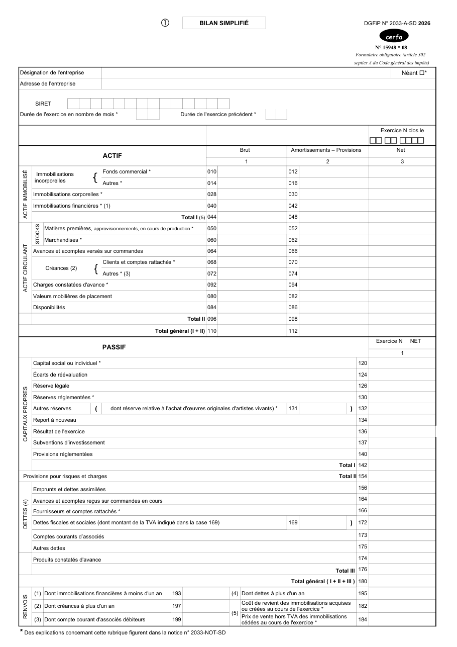 Page 1 du formulaire impots.gouv.fr n° 2033-SD — Liasse fiscale du régime simplifié d'imposition (tableaux 2033)