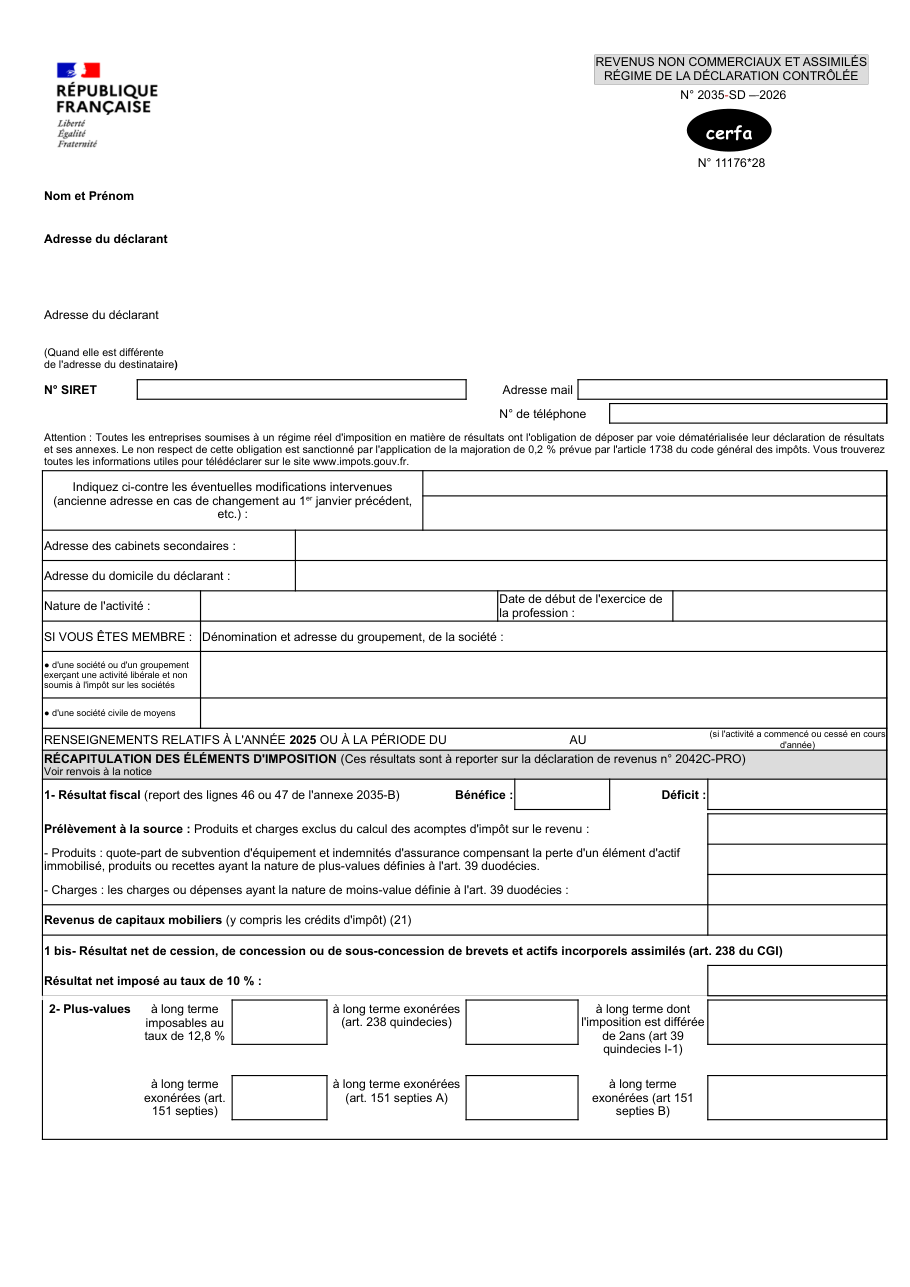 Page 1 du formulaire impots.gouv.fr n° 2035-SD — Déclarer ses revenus non commerciaux au régime de la déclaration contrôlée