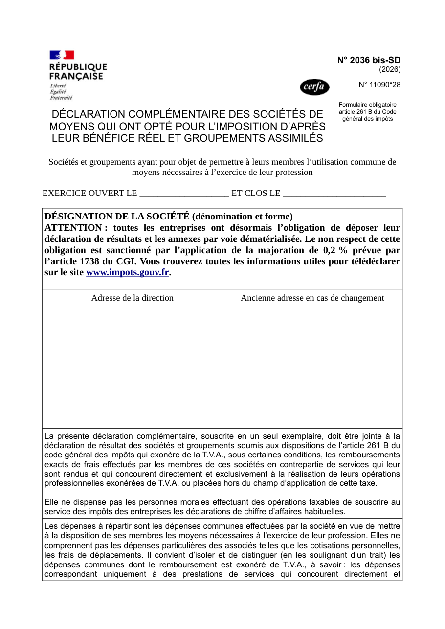 Page 1 du formulaire impots.gouv.fr n° 2036-BIS-SD — Déclaration complémentaire des sociétés de moyens imposées au bénéfice réel