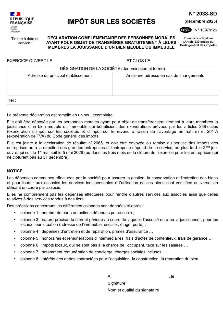 Page 1 du formulaire impots.gouv.fr n° 2038-SD — Déclaration complémentaire à l'impôt sur les sociétés pour la jouissance gratuite d'un bien
