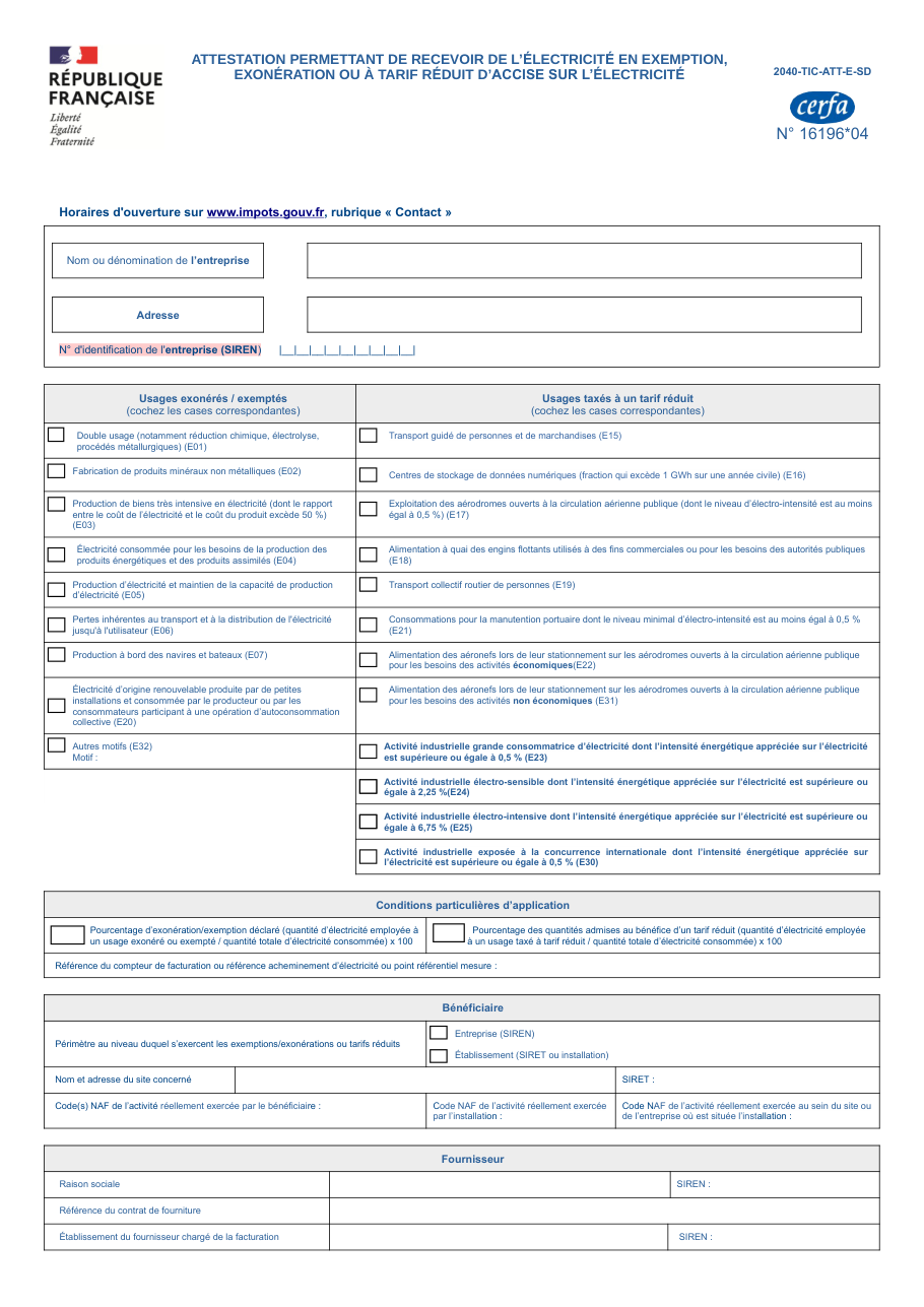 Page 1 du formulaire impots.gouv.fr n° 2040-TIC-ATT-E — Attestation pour recevoir de l'électricité à tarif réduit ou en exonération d'accise