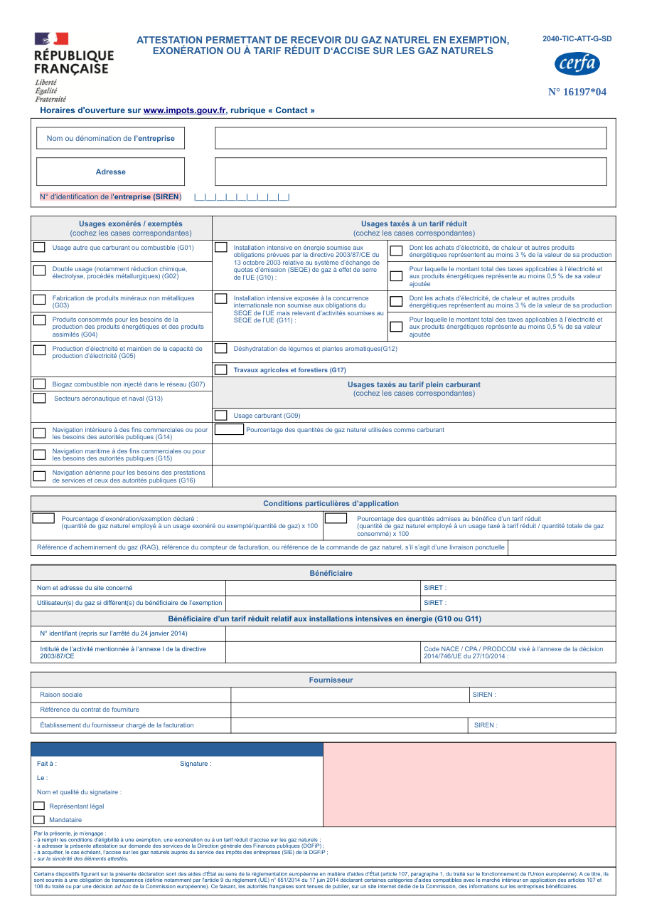 Page 1 du formulaire impots.gouv.fr n° 2040-TIC-ATT-G — Attestation pour recevoir du gaz naturel à tarif réduit d'accise