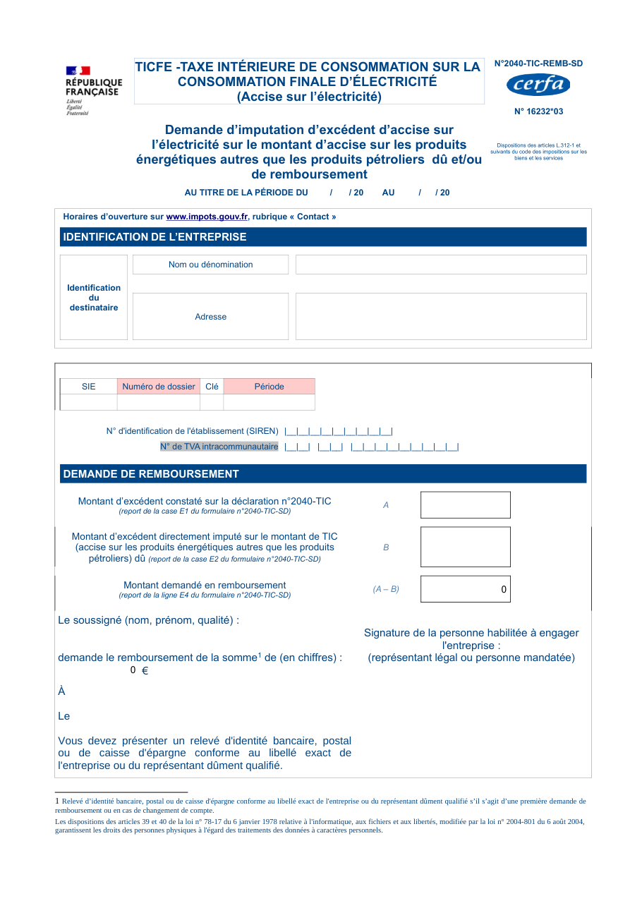 Page 1 du formulaire impots.gouv.fr n° 2040-TIC-REMB-SD — Demander l'imputation ou le remboursement d'un excédent d'accise sur l'électricité