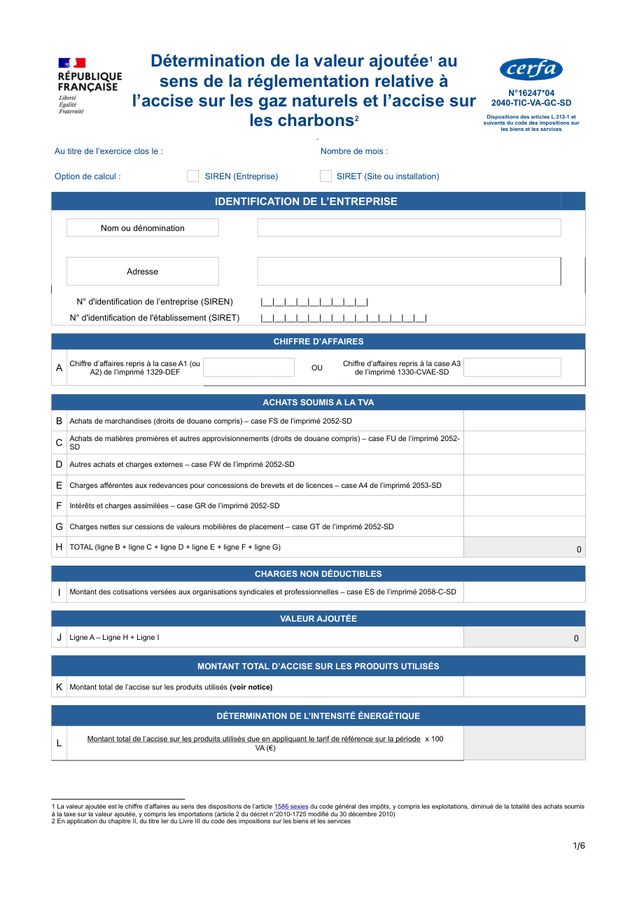 Page 1 du formulaire impots.gouv.fr n° 2040-TIC-VA-GC — Déterminer sa valeur ajoutée pour un tarif réduit d'accise sur le gaz ou le charbon