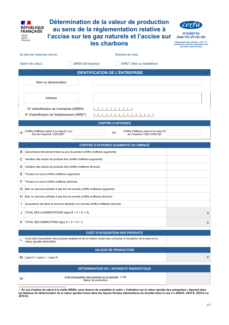 Page 1 du formulaire impots.gouv.fr n° 2040-TIC-VP-GC — Déterminer sa valeur de production pour un tarif réduit d'accise sur le gaz ou le charbon