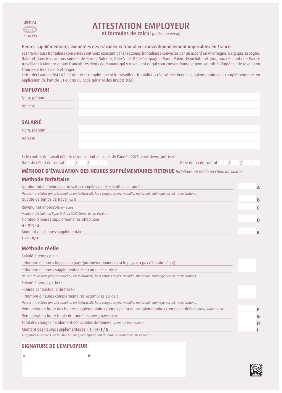 Page 1 du formulaire impots.gouv.fr n° 2041-AE — Attestation employeur pour les heures supplémentaires d'un travailleur frontalier
