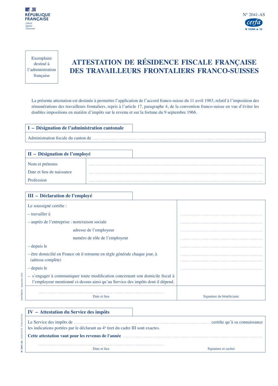 Page 1 du formulaire impots.gouv.fr n° 2041-AS — Attestation de résidence fiscale française pour travailleur frontalier franco-suisse