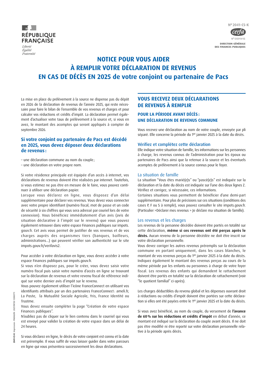 Page 1 du formulaire impots.gouv.fr n° 2041-CS-K — Déclarer ses revenus après le décès de son conjoint ou partenaire de Pacs