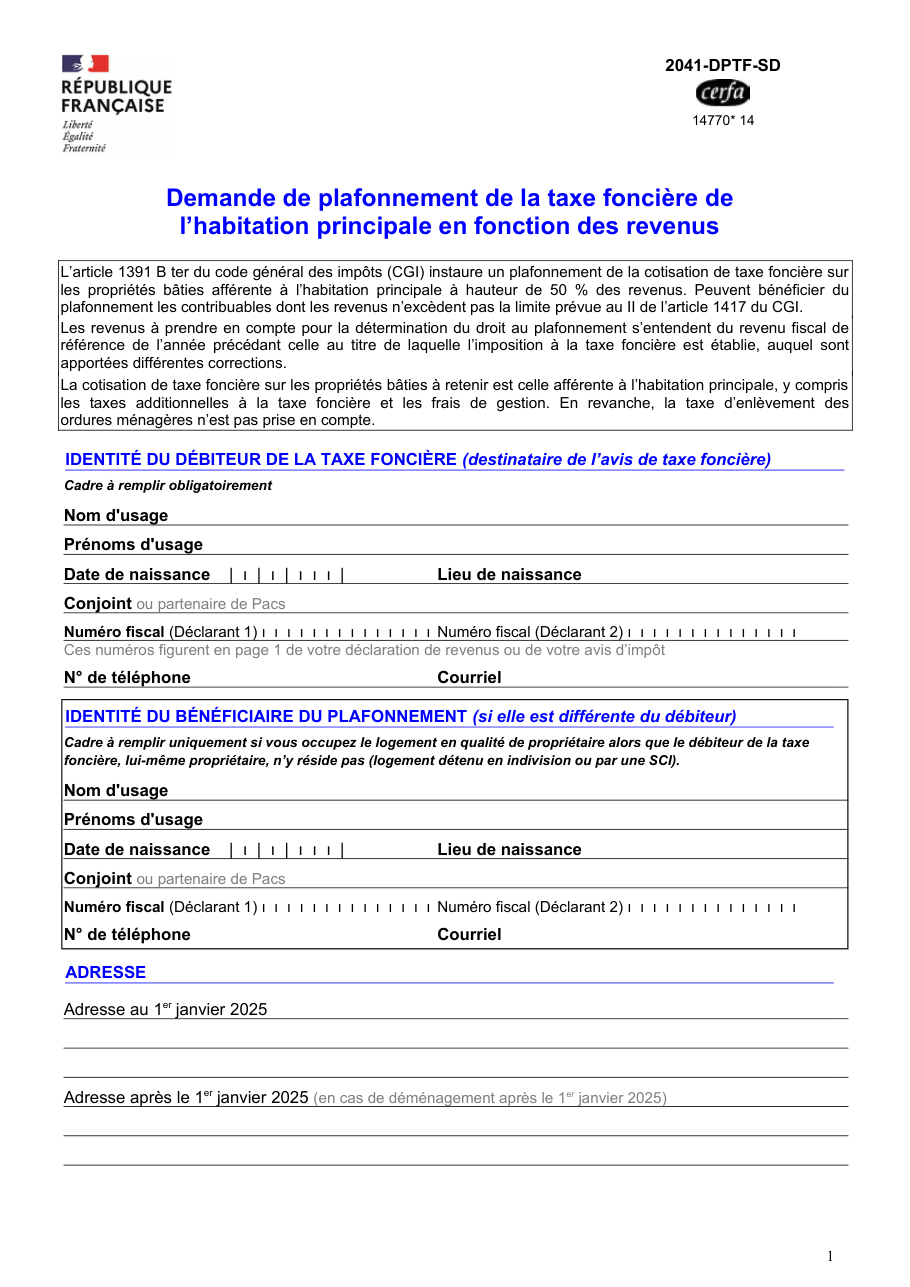 Page 1 du formulaire impots.gouv.fr n° 2041-DPTF-SD — Demander le plafonnement de sa taxe foncière selon ses revenus