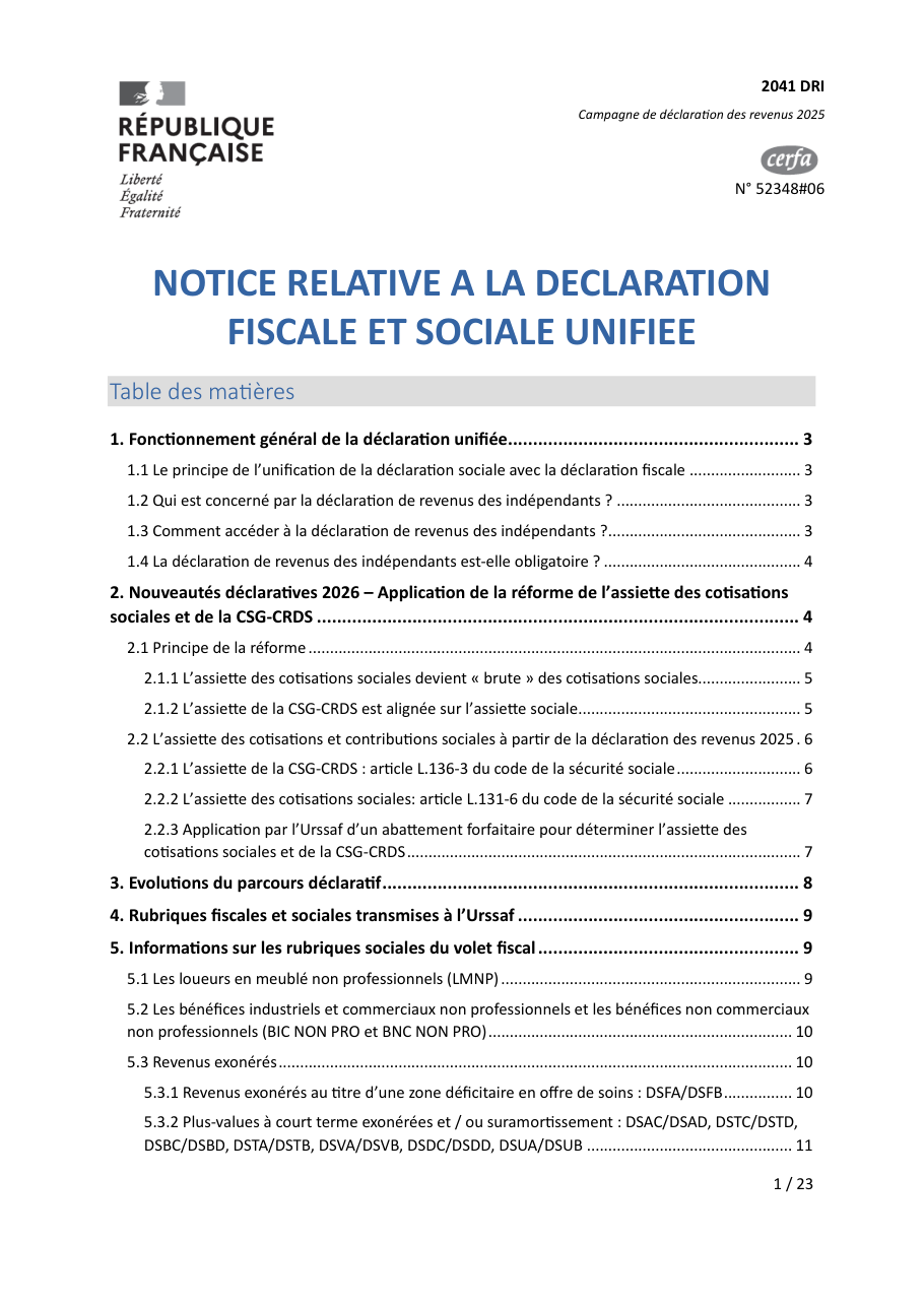 Page 1 du formulaire impots.gouv.fr n° 2041-DRI — Notice de la déclaration fiscale et sociale unifiée des indépendants