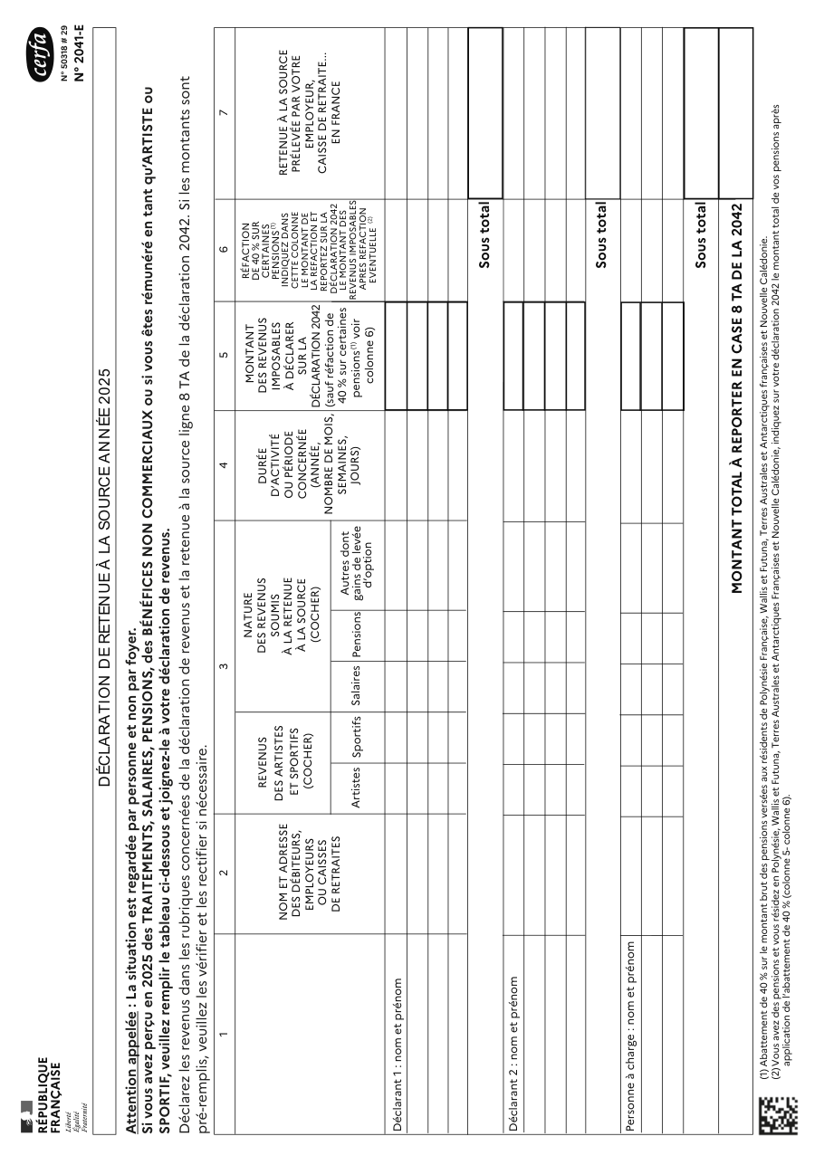 Page 1 du formulaire impots.gouv.fr n° 2041-E — Déclarer la retenue à la source des non-résidents