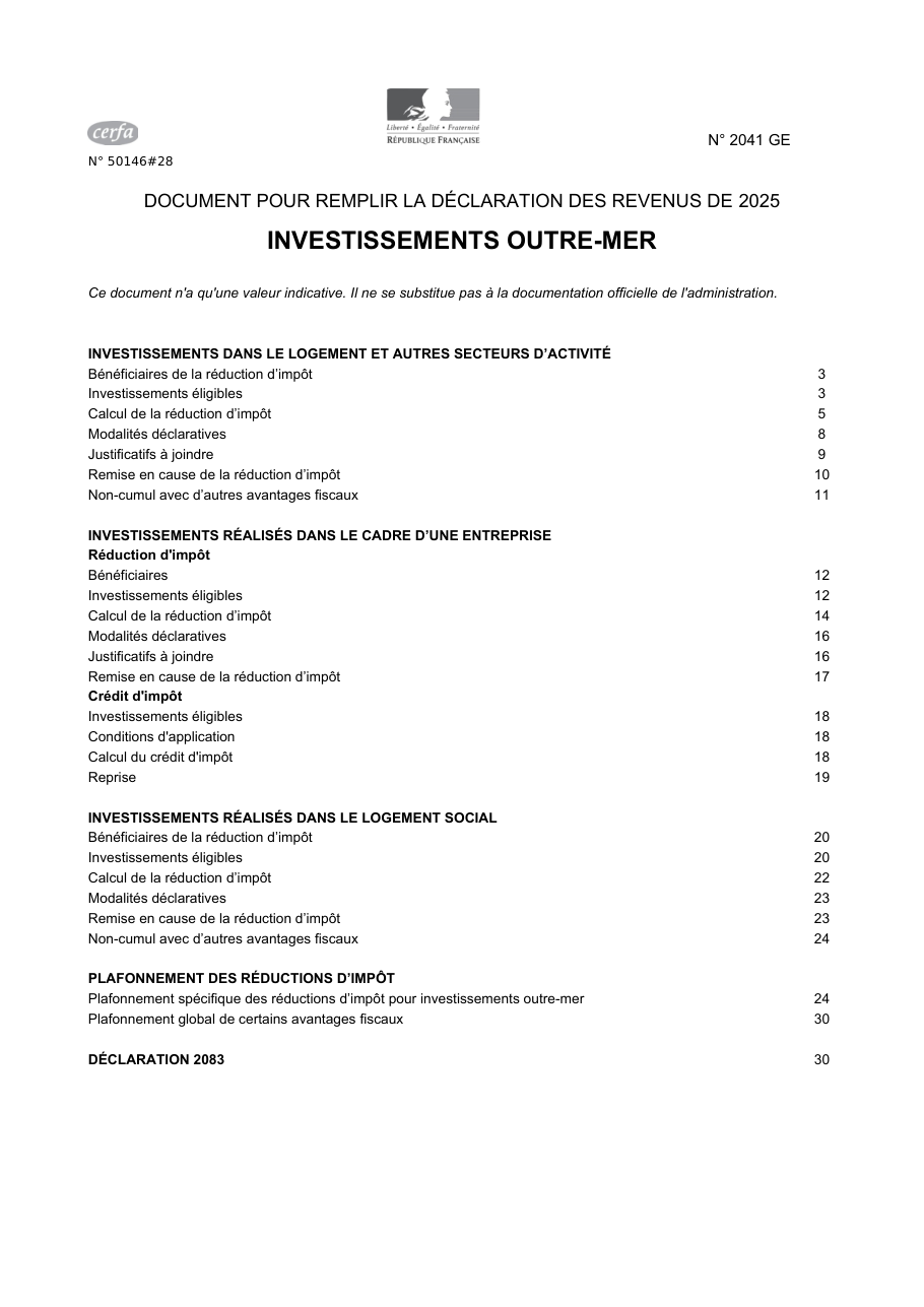 Page 1 du formulaire impots.gouv.fr n° 2041-GE — Notice des réductions d'impôt pour investissements outre-mer