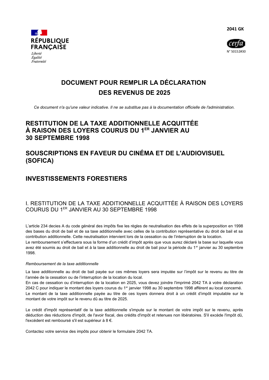 Page 1 du formulaire impots.gouv.fr n° 2041-GK — Notice sur les SOFICA, les investissements forestiers et la taxe additionnelle sur les loyers