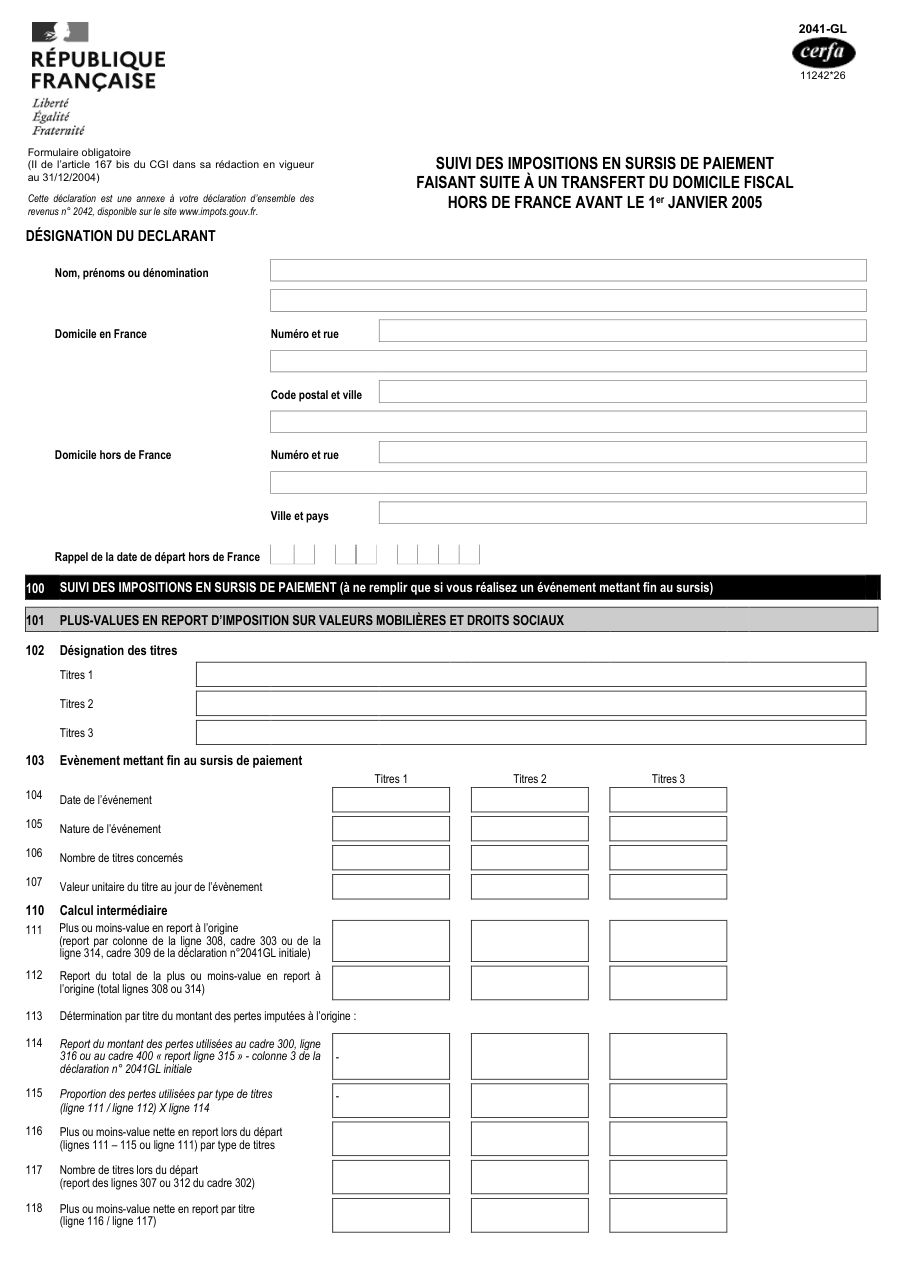 Page 1 du formulaire impots.gouv.fr n° 2041-GL — Suivi des impositions en sursis après un transfert du domicile fiscal hors de France