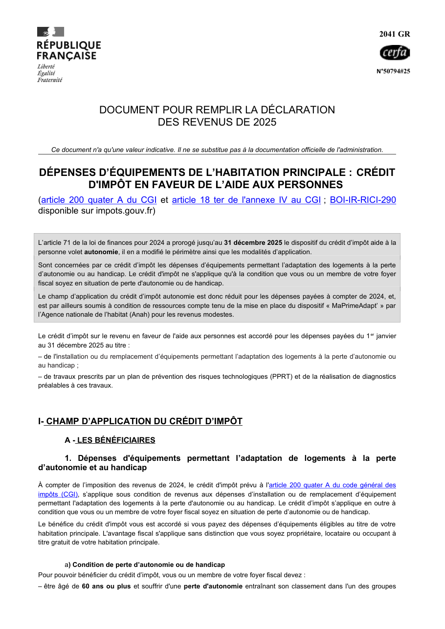 Page 1 du formulaire impots.gouv.fr n° 2041-GR — Le crédit d'impôt en faveur de l'aide aux personnes pour adapter son logement