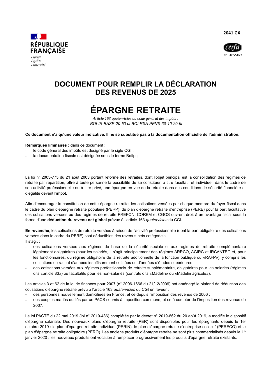 Page 1 du formulaire impots.gouv.fr n° 2041-GX — Notice sur la déduction des cotisations d'épargne retraite
