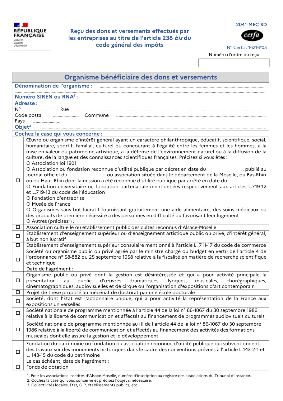 Page 1 du formulaire impots.gouv.fr n° 2041-MEC-SD — Reçu des dons et versements effectués par les entreprises