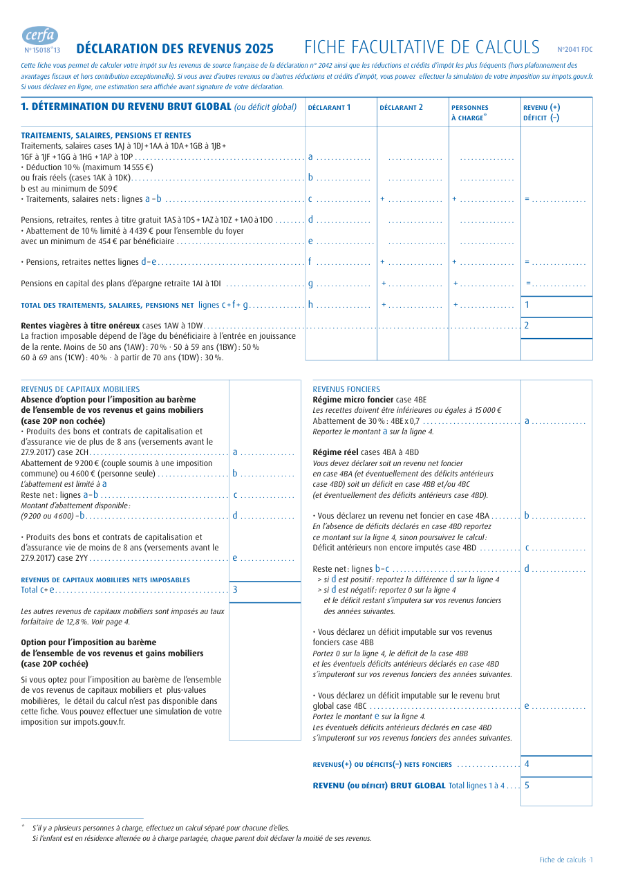 Page 1 du formulaire impots.gouv.fr n° 2041-NOTFC — Calculer soi-même son impôt sur le revenu avec la fiche facultative