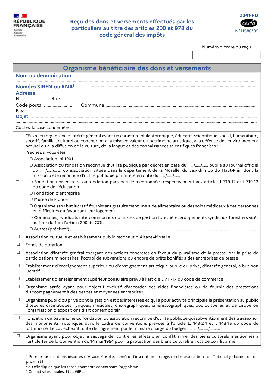 Page 1 du formulaire impots.gouv.fr n° 2041-RD — Reçu fiscal des dons et versements effectués par les particuliers
