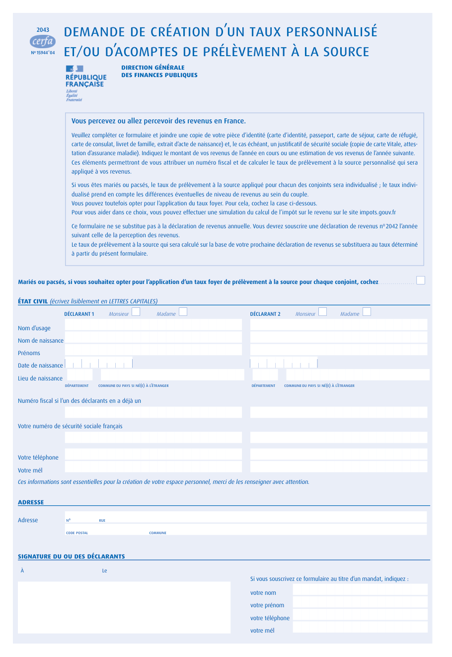 Page 1 du formulaire impots.gouv.fr n° 2043-SD — Demander un taux personnalisé de prélèvement à la source