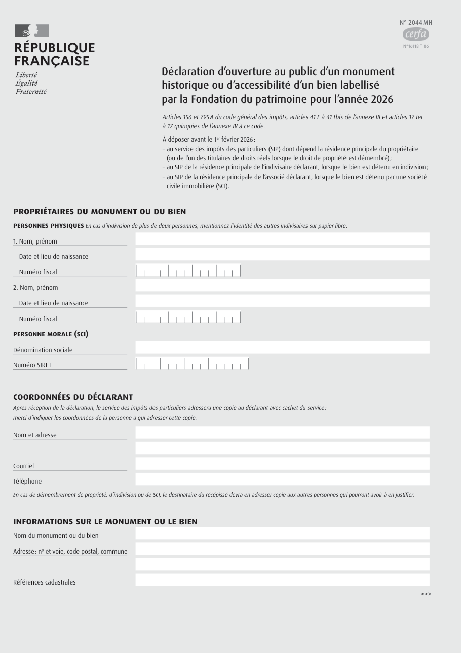 Page 1 du formulaire impots.gouv.fr n° 2044-MH — Déclarer l'ouverture au public d'un monument historique