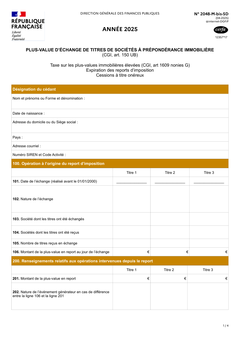 Page 1 du formulaire impots.gouv.fr n° 2048-M-BIS-SD — Déclarer une plus-value après un échange de titres immobiliers